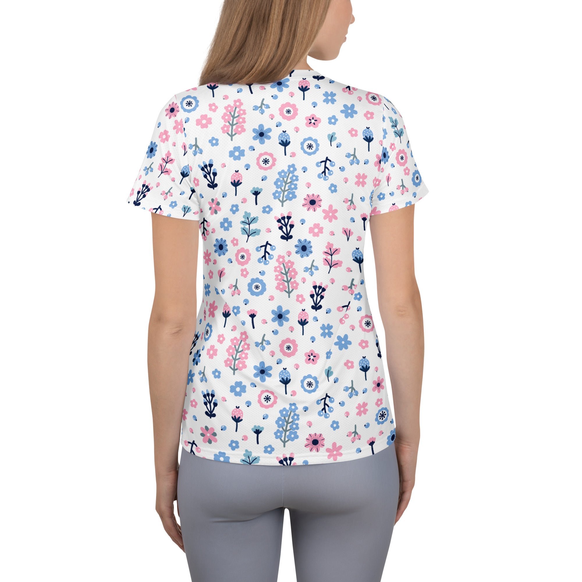 Women’s Pink & Blue Floral Performance Athletic T-Shirt - Lightweight Moisture Wicking Workout Top with UPF 50+