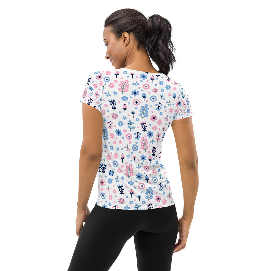 Women’s Pink & Blue Floral Performance Athletic T-Shirt - Lightweight Moisture Wicking Workout Top with UPF 50+