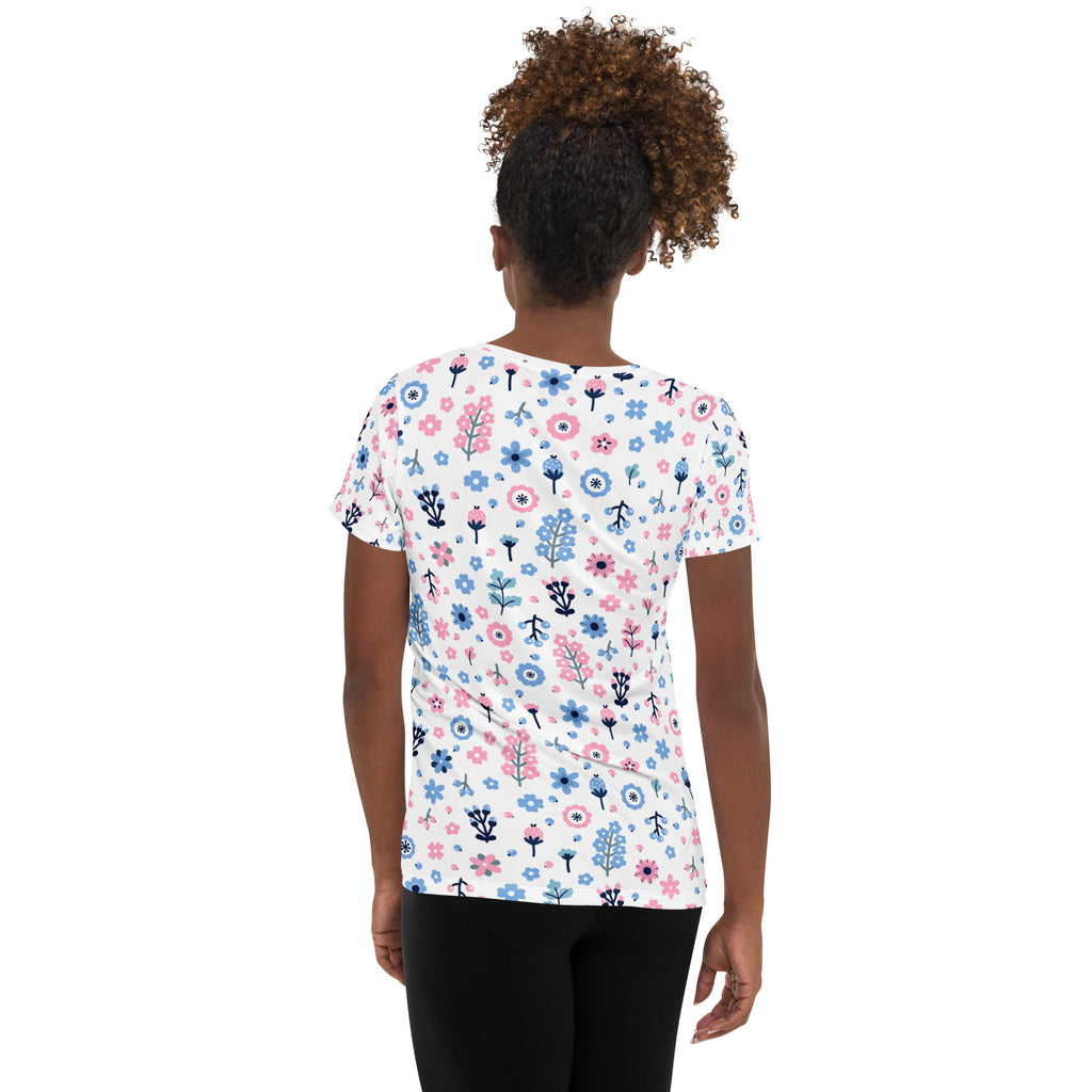 Women’s Pink & Blue Floral Performance Athletic T-Shirt - Lightweight Moisture Wicking Workout Top with UPF 50+