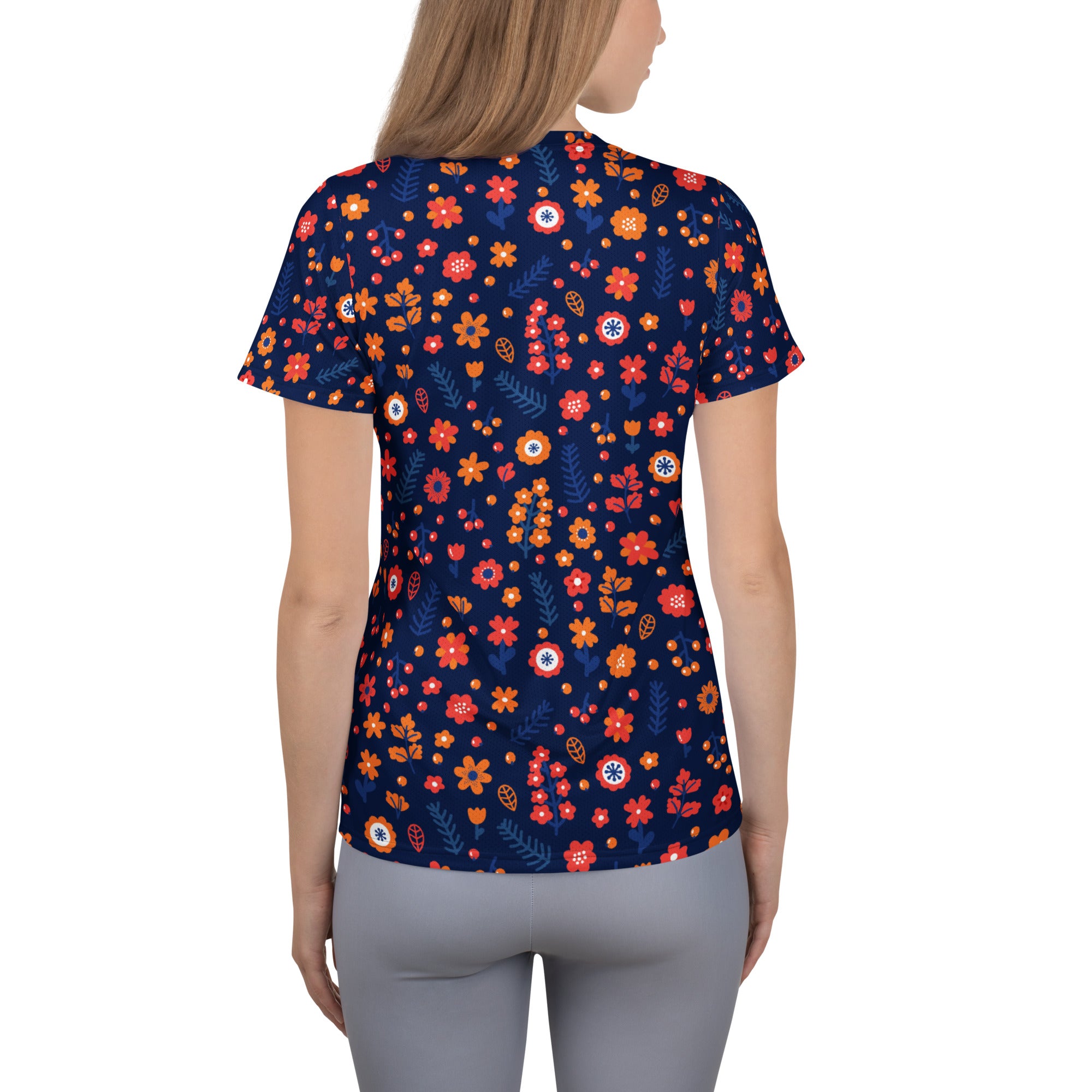 Women’s Navy Floral Performance Athletic T-Shirt - Lightweight Moisture Wicking Workout Top with UPF 50+