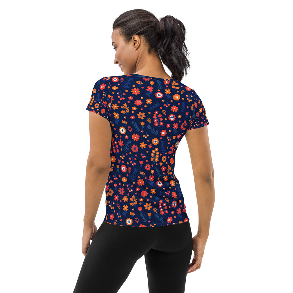 Women’s Navy Floral Performance Athletic T-Shirt - Lightweight Moisture Wicking Workout Top with UPF 50+