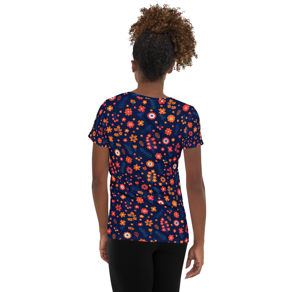 Women’s Navy Floral Performance Athletic T-Shirt - Lightweight Moisture Wicking Workout Top with UPF 50+