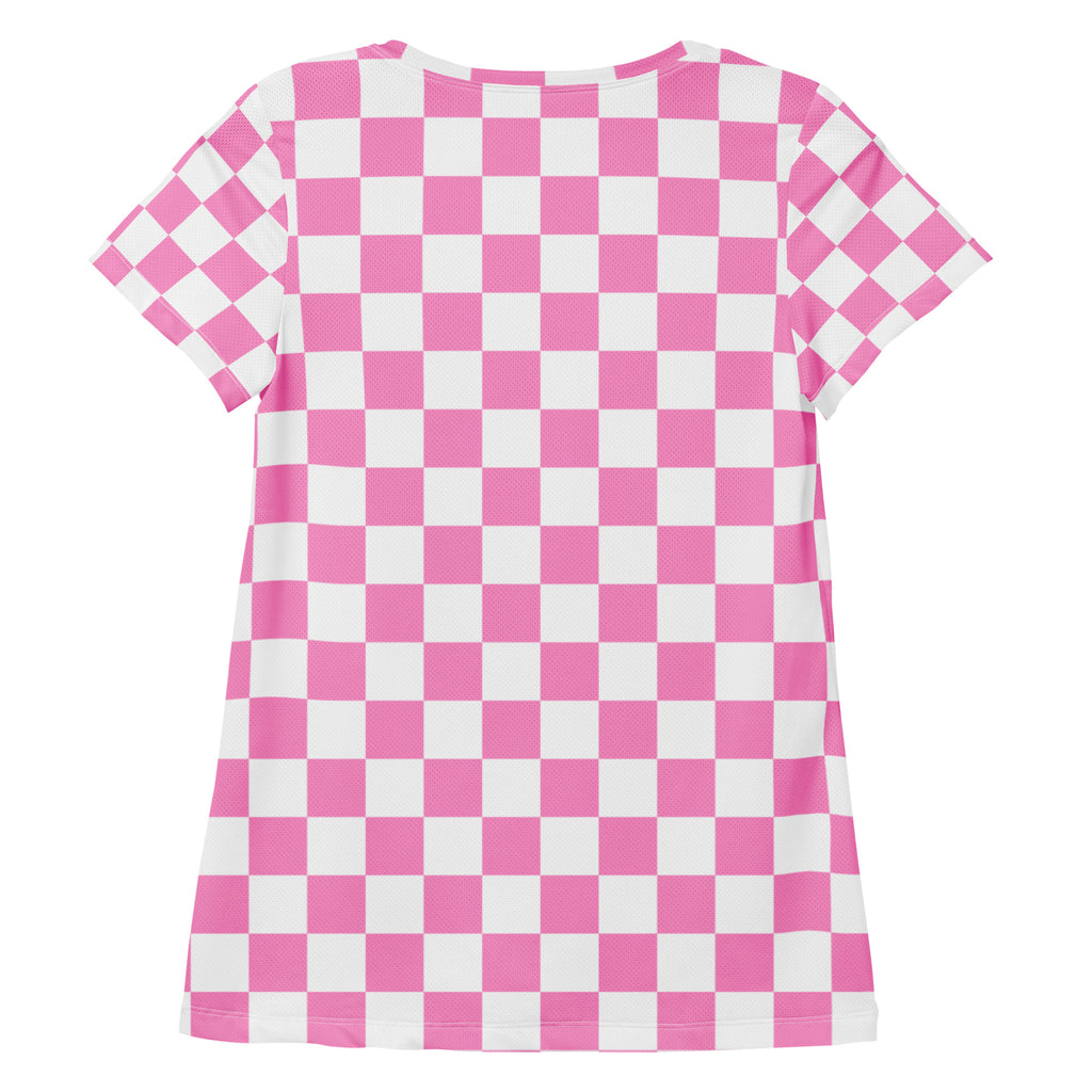 Women’s Pink Checkered Performance Athletic T-Shirt - Lightweight Moisture Wicking Workout Top with UPF 50+