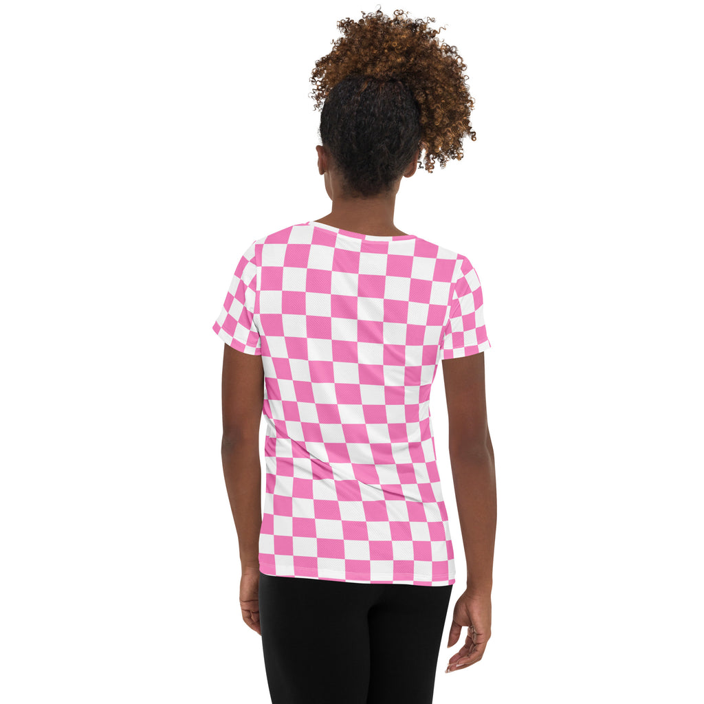 Women’s Pink Checkered Performance Athletic T-Shirt - Lightweight Moisture Wicking Workout Top with UPF 50+