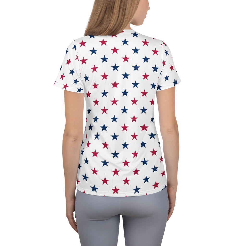 Women’s Red & Blue Star Performance Athletic T-Shirt - Lightweight Moisture Wicking Workout Top with UPF 50+