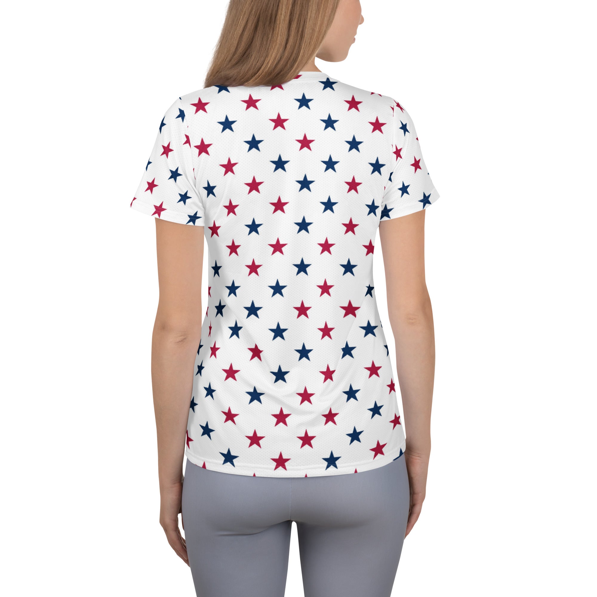 Women’s Red & Blue Star Performance Athletic T-Shirt - Lightweight Moisture Wicking Workout Top with UPF 50+