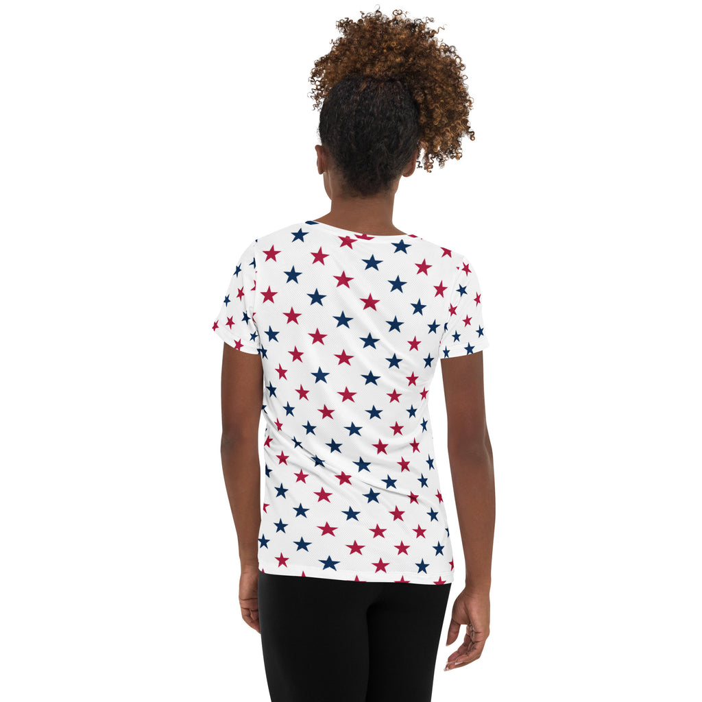 Women’s Red & Blue Star Performance Athletic T-Shirt - Lightweight Moisture Wicking Workout Top with UPF 50+