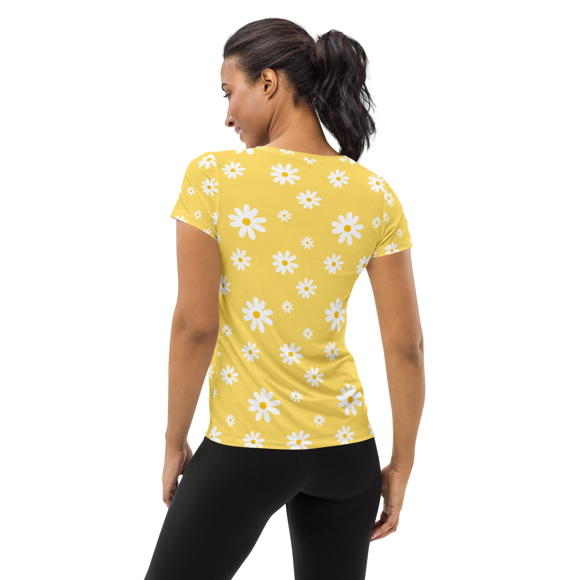 Women’s Yellow Daisy Performance Athletic T-Shirt - Lightweight Moisture Wicking Workout Top with UPF 50+
