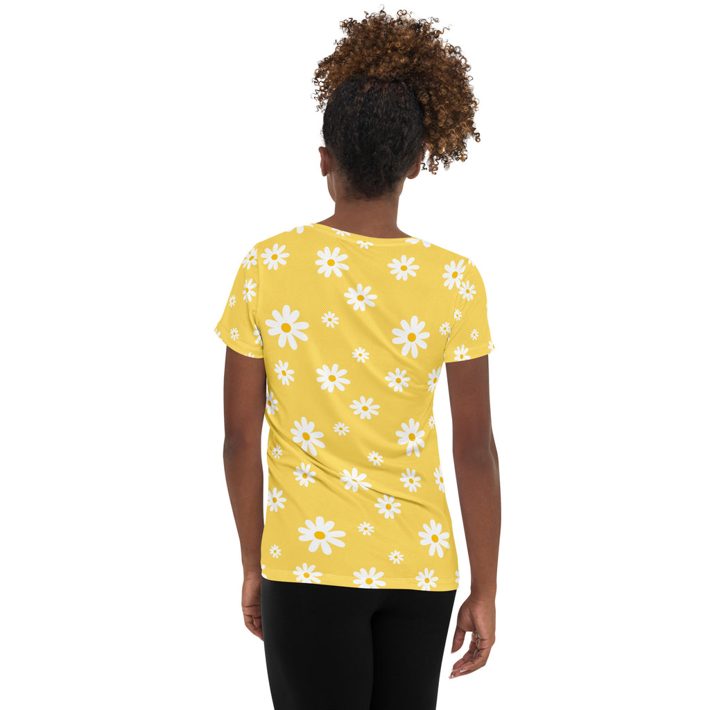Women’s Yellow Daisy Performance Athletic T-Shirt - Lightweight Moisture Wicking Workout Top with UPF 50+