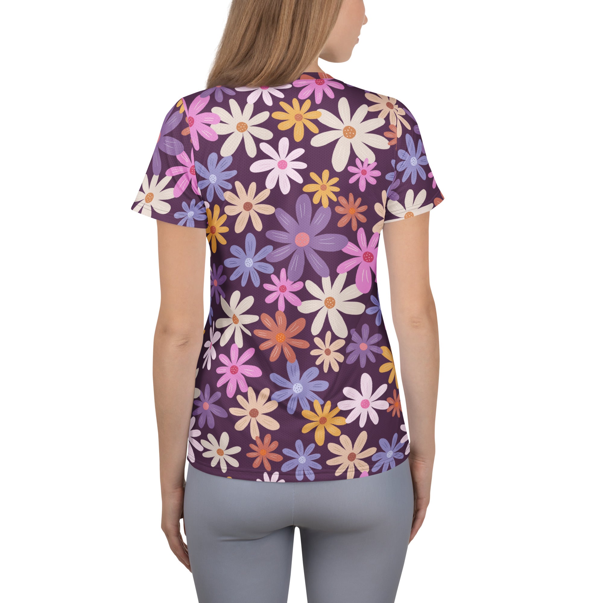 Women’s Retro Purple Floral Performance Athletic T-Shirt - Lightweight Moisture Wicking Workout Top with UPF 50+