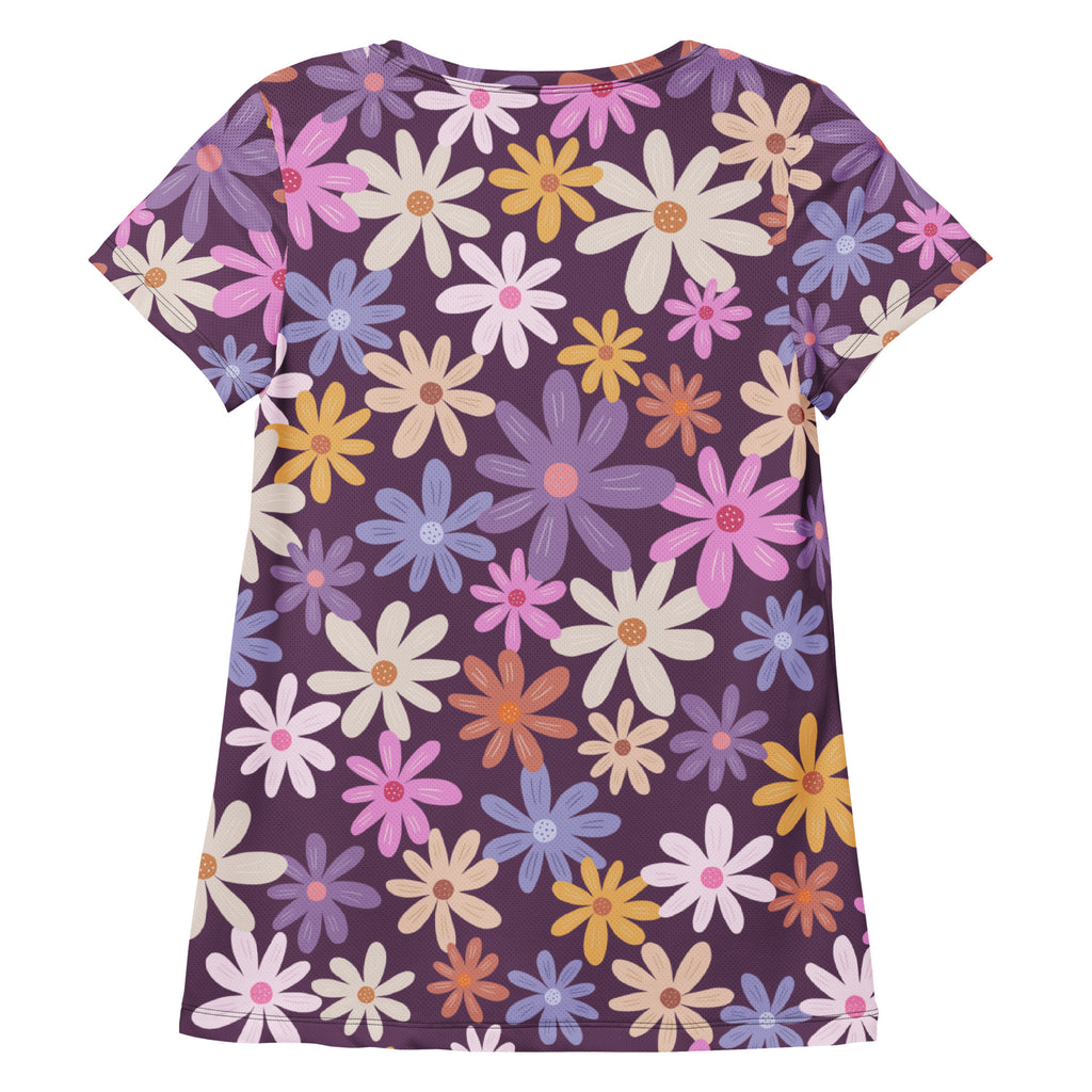 Women’s Retro Purple Floral Performance Athletic T-Shirt - Lightweight Moisture Wicking Workout Top with UPF 50+