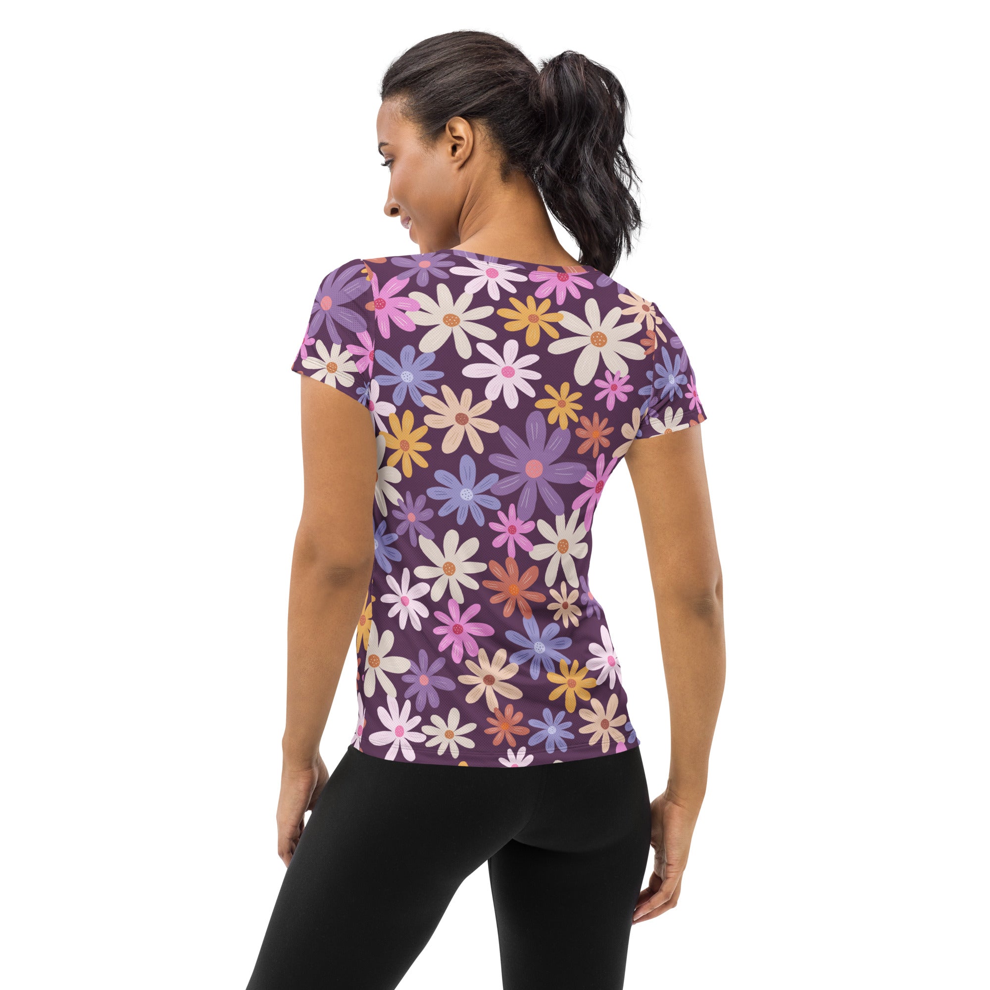 Women’s Retro Purple Floral Performance Athletic T-Shirt - Lightweight Moisture Wicking Workout Top with UPF 50+