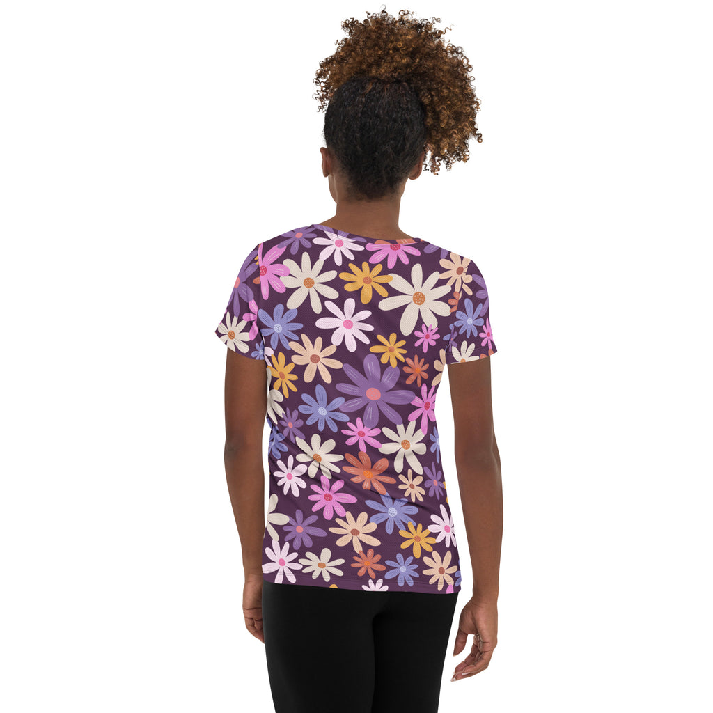 Women’s Retro Purple Floral Performance Athletic T-Shirt - Lightweight Moisture Wicking Workout Top with UPF 50+