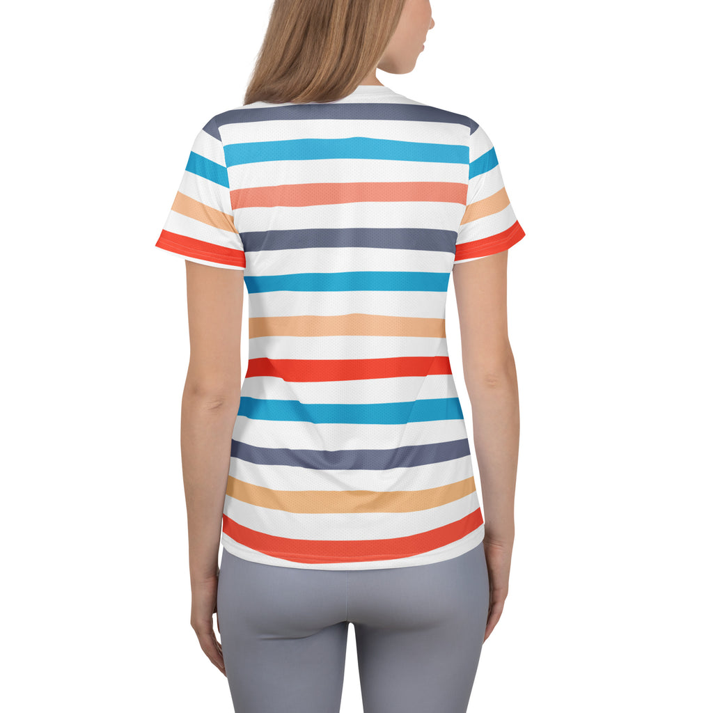 Women’s Colorful Striped Beach Performance Athletic T-Shirt - Lightweight Moisture Wicking Workout Top with UPF 50+