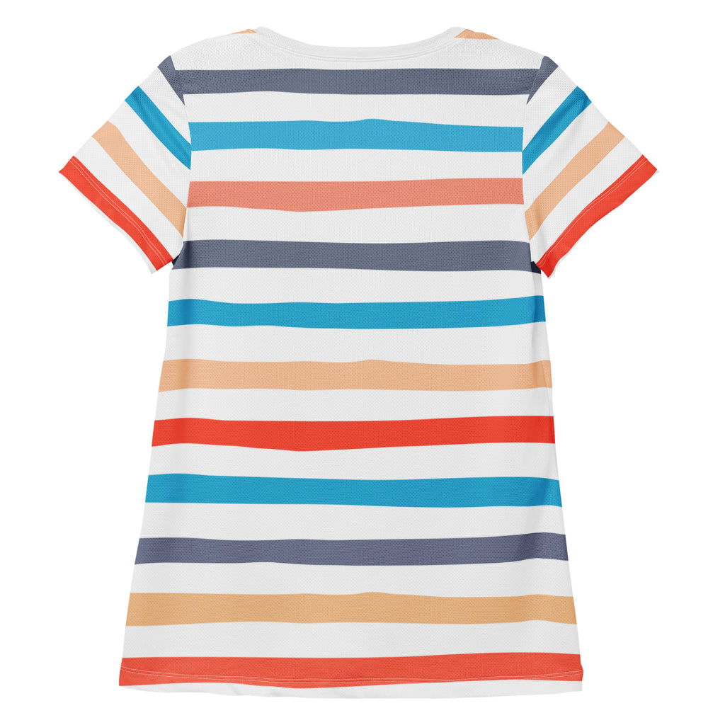 Women’s Colorful Striped Beach Performance Athletic T-Shirt - Lightweight Moisture Wicking Workout Top with UPF 50+