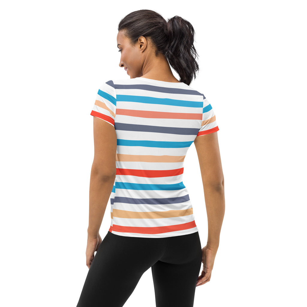 Women’s Colorful Striped Beach Performance Athletic T-Shirt - Lightweight Moisture Wicking Workout Top with UPF 50+