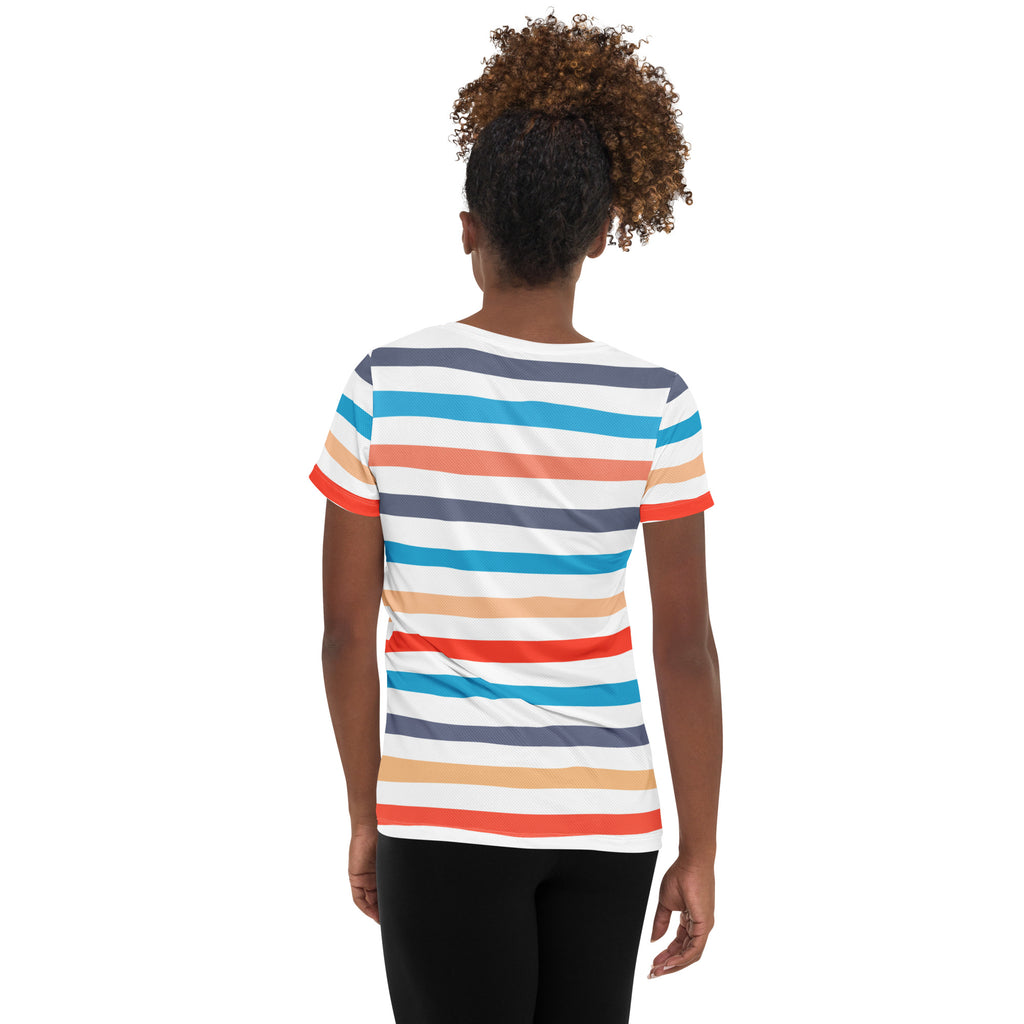 Women’s Colorful Striped Beach Performance Athletic T-Shirt - Lightweight Moisture Wicking Workout Top with UPF 50+