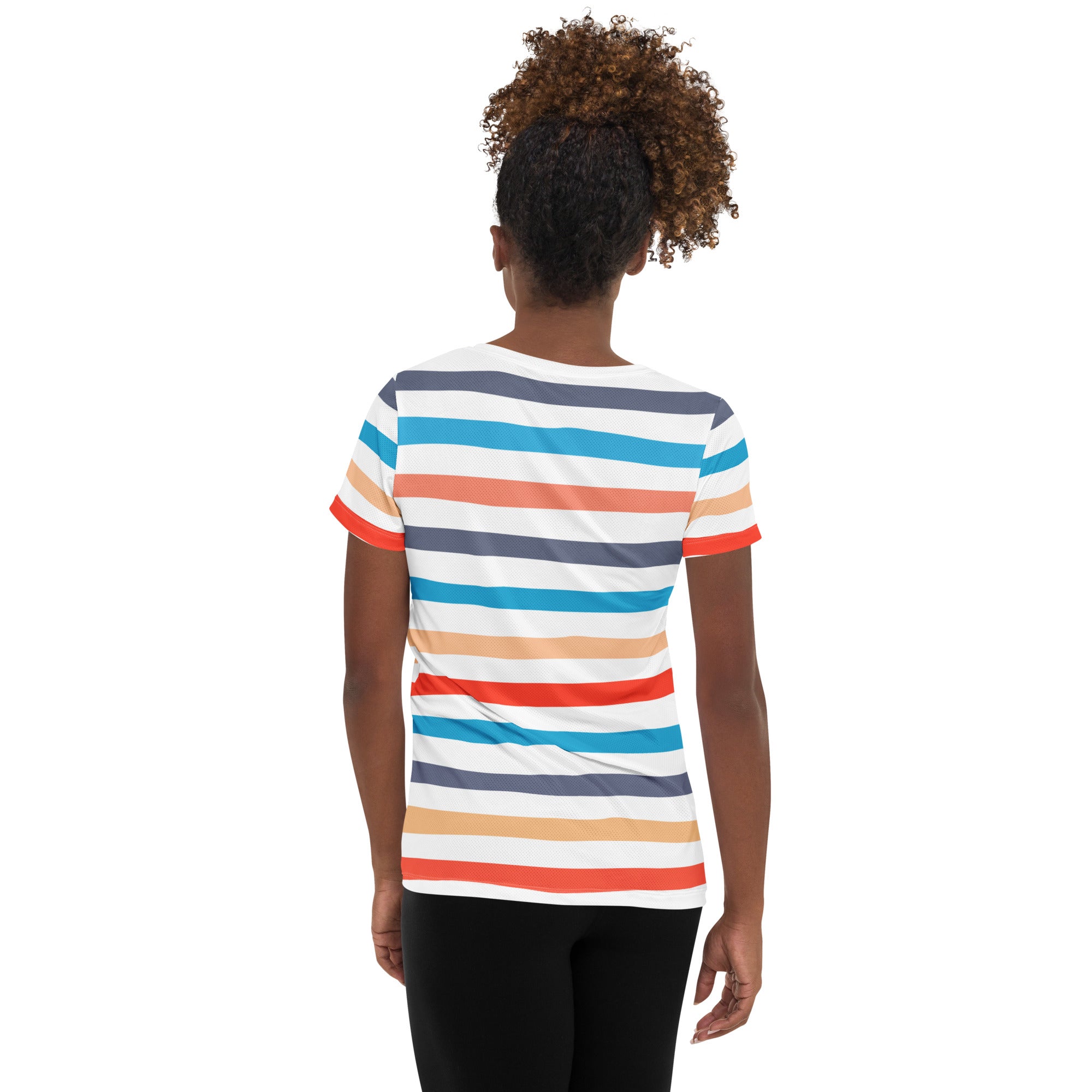 Women’s Colorful Striped Beach Performance Athletic T-Shirt - Lightweight Moisture Wicking Workout Top with UPF 50+