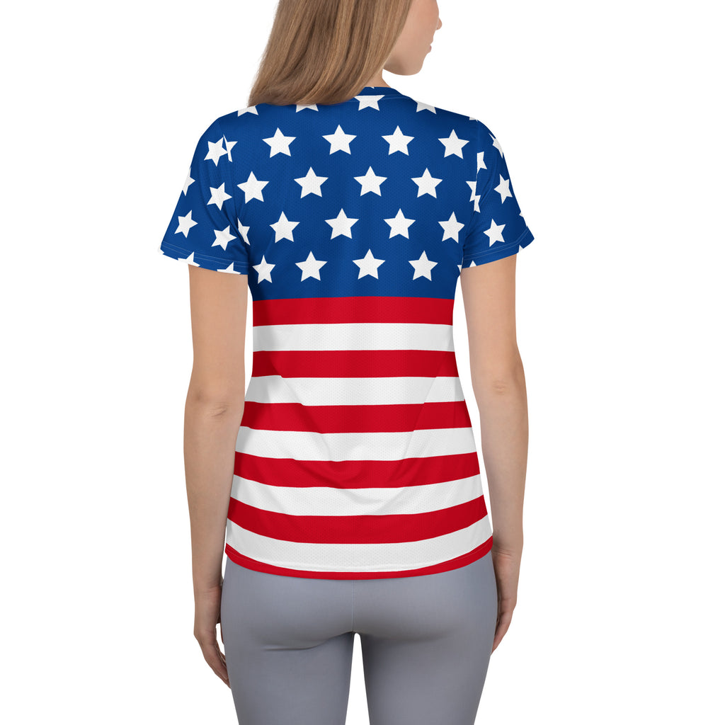Women’s USA Flag Performance Athletic T-Shirt - Lightweight Moisture Wicking Workout Top with UPF 50+