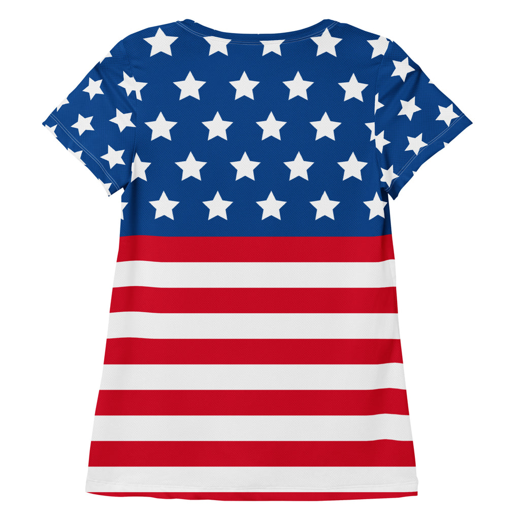 Women’s USA Flag Performance Athletic T-Shirt - Lightweight Moisture Wicking Workout Top with UPF 50+