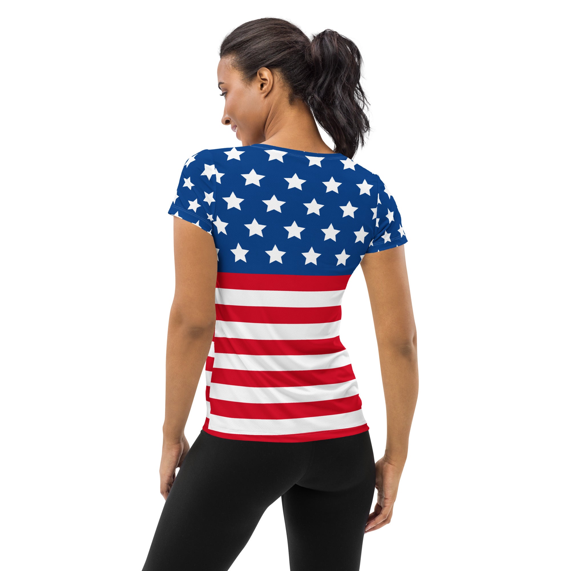 Women’s USA Flag Performance Athletic T-Shirt - Lightweight Moisture Wicking Workout Top with UPF 50+