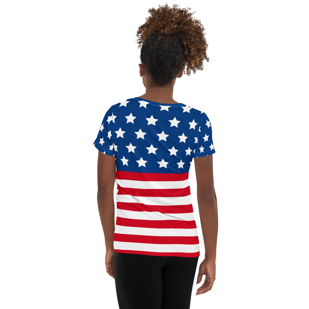 Women’s USA Flag Performance Athletic T-Shirt - Lightweight Moisture Wicking Workout Top with UPF 50+