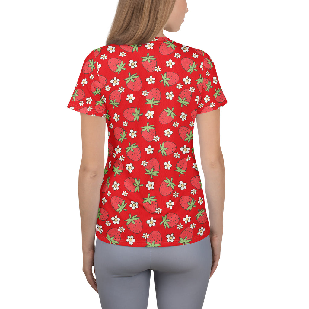Women’s Strawberry Daisy Performance Athletic T-Shirt - Lightweight Moisture Wicking Workout Top with UPF 50+