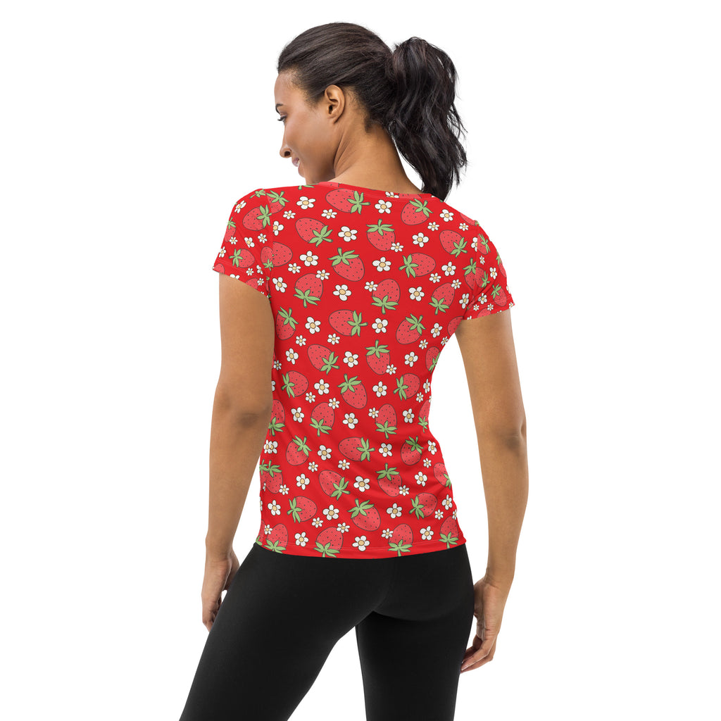 Women’s Strawberry Daisy Performance Athletic T-Shirt - Lightweight Moisture Wicking Workout Top with UPF 50+