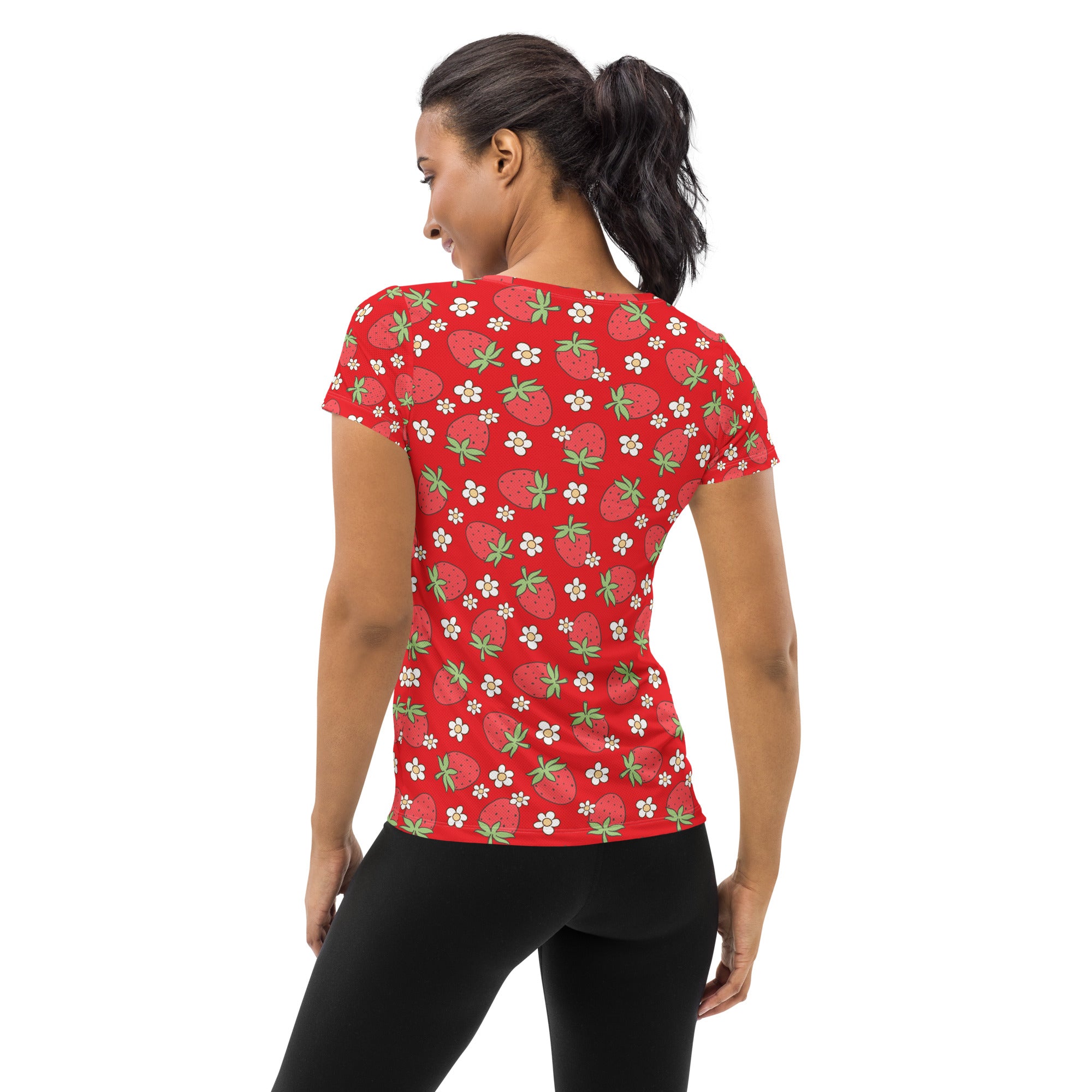 Women’s Strawberry Daisy Performance Athletic T-Shirt - Lightweight Moisture Wicking Workout Top with UPF 50+