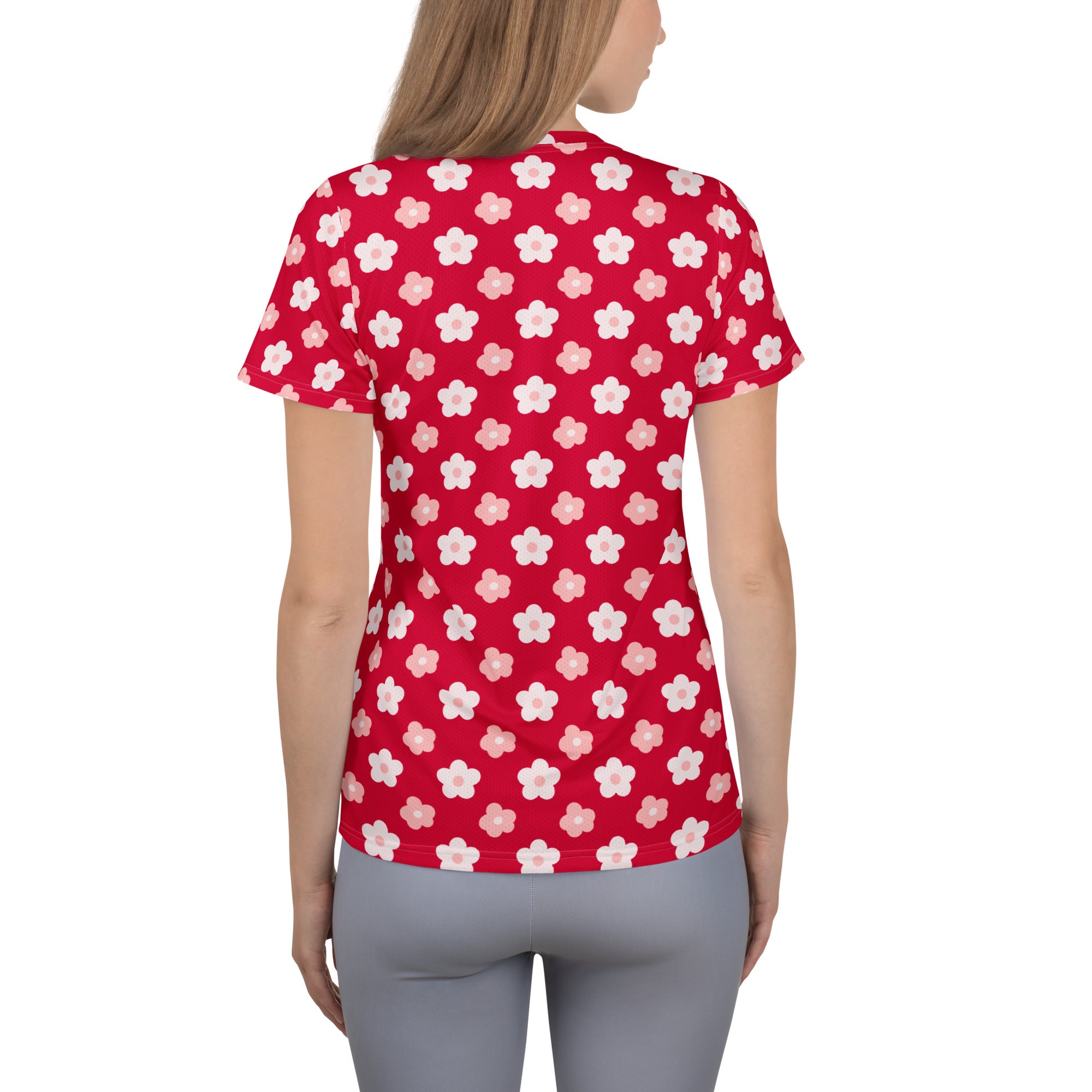 Women’s ed & Pink Floral Performance Athletic T-Shirt - Lightweight Moisture Wicking Workout Top with UPF 50+
