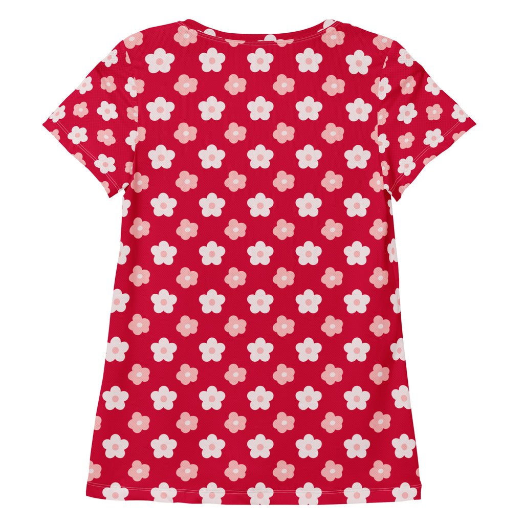 Women’s ed & Pink Floral Performance Athletic T-Shirt - Lightweight Moisture Wicking Workout Top with UPF 50+