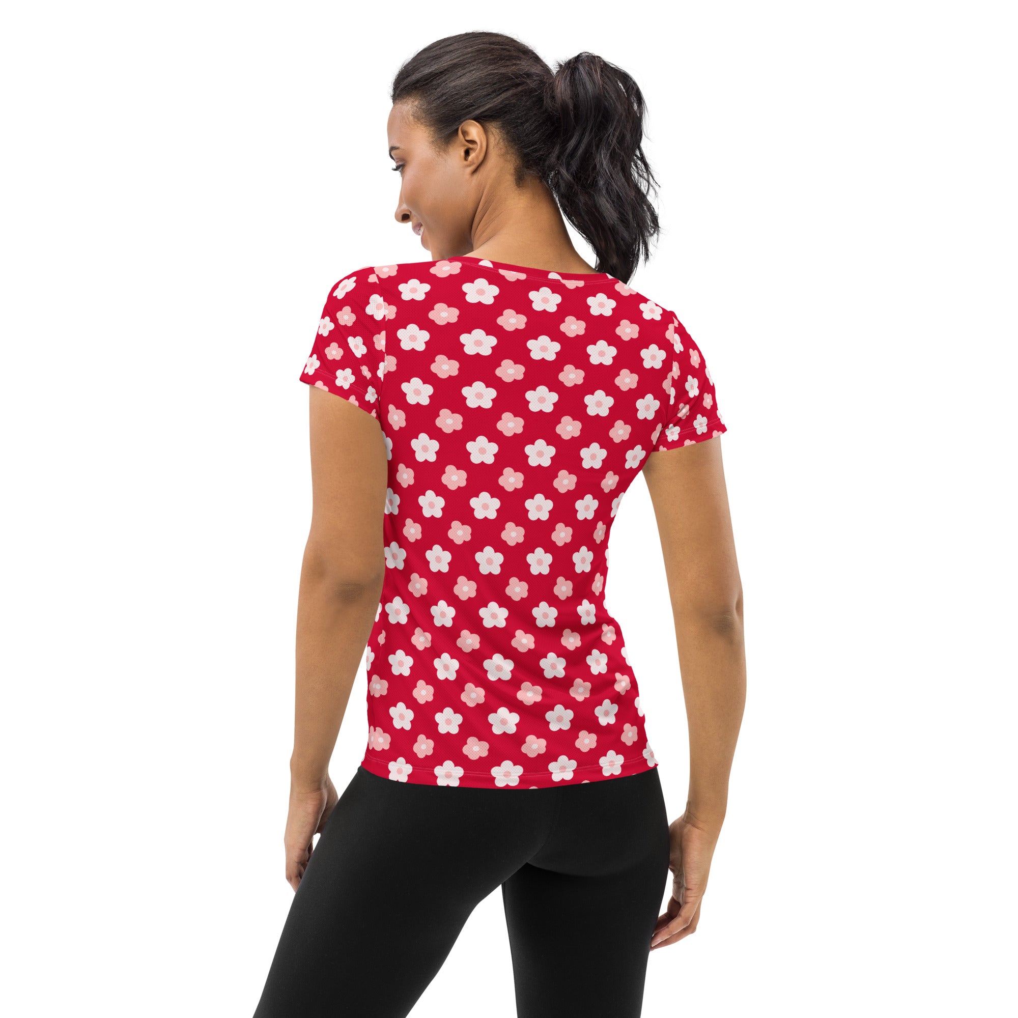 Women’s ed & Pink Floral Performance Athletic T-Shirt - Lightweight Moisture Wicking Workout Top with UPF 50+