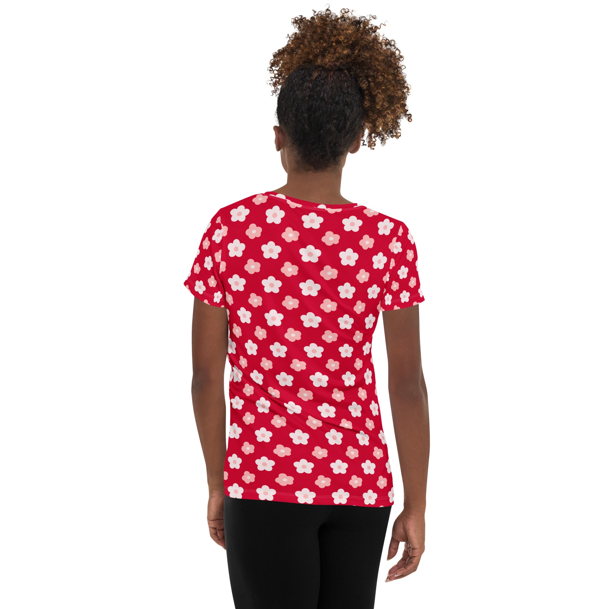 Women’s ed & Pink Floral Performance Athletic T-Shirt - Lightweight Moisture Wicking Workout Top with UPF 50+