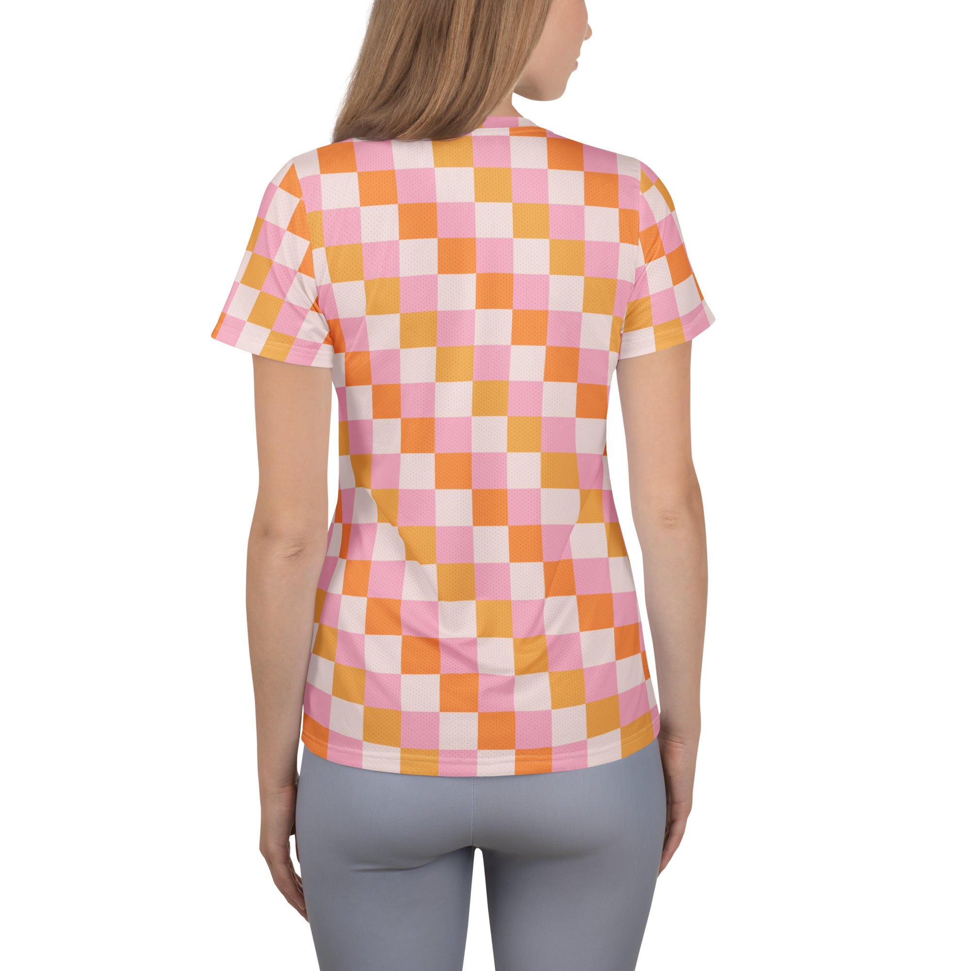 Women’s Pink & Orange Checkerboard Sunset Performance Athletic T-Shirt - Lightweight Moisture Wicking Workout Top with UPF 50+
