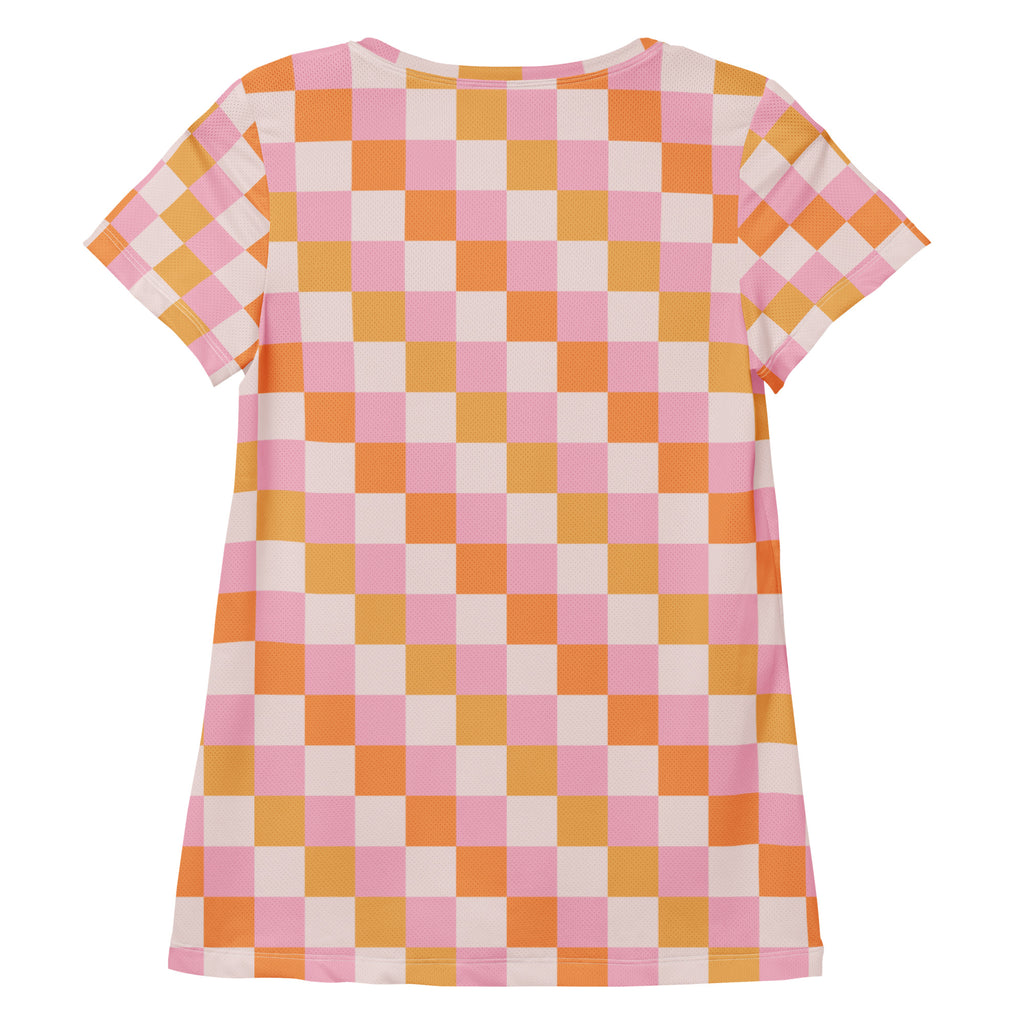 Women’s Pink & Orange Checkerboard Sunset Performance Athletic T-Shirt - Lightweight Moisture Wicking Workout Top with UPF 50+