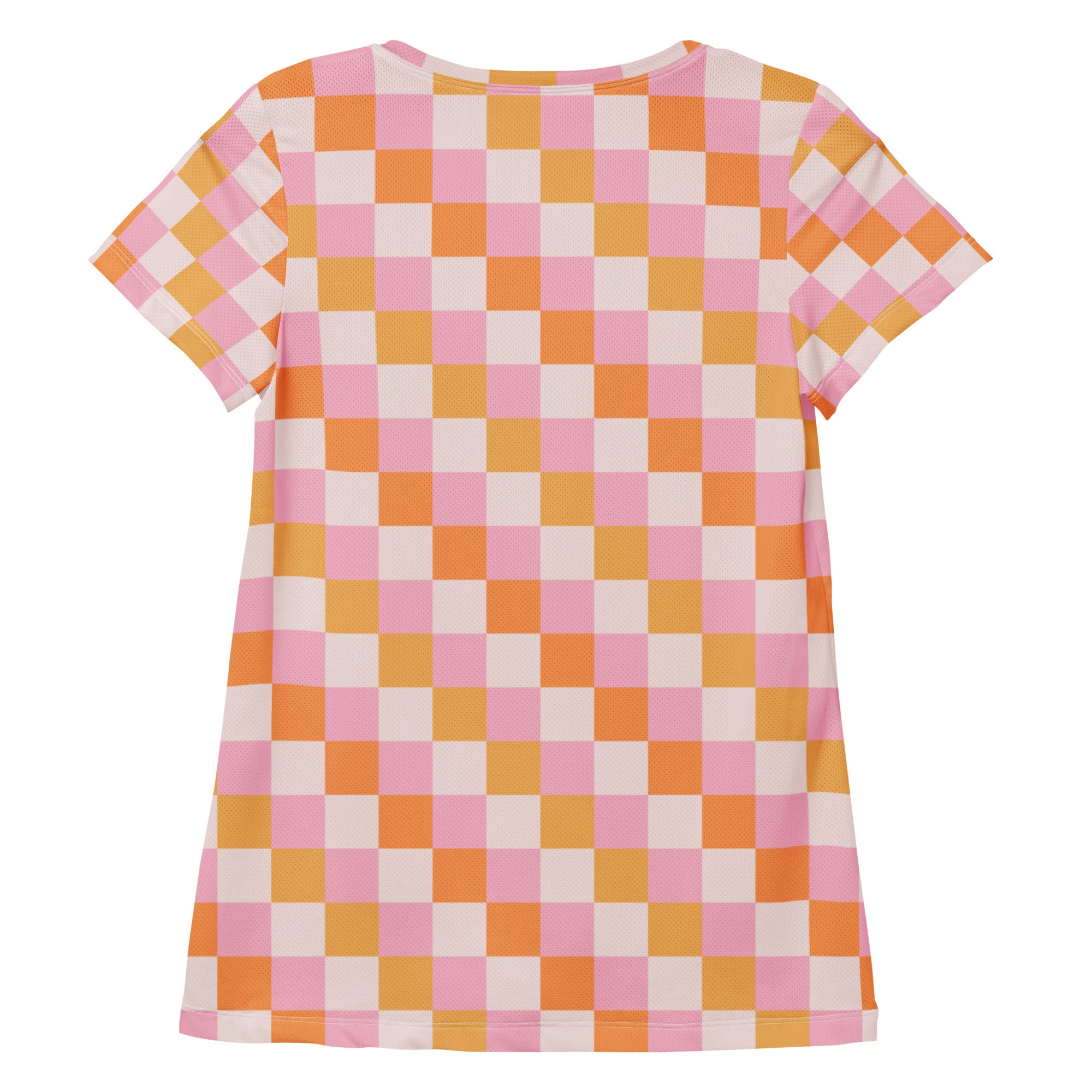 Women’s Pink & Orange Checkerboard Sunset Performance Athletic T-Shirt - Lightweight Moisture Wicking Workout Top with UPF 50+