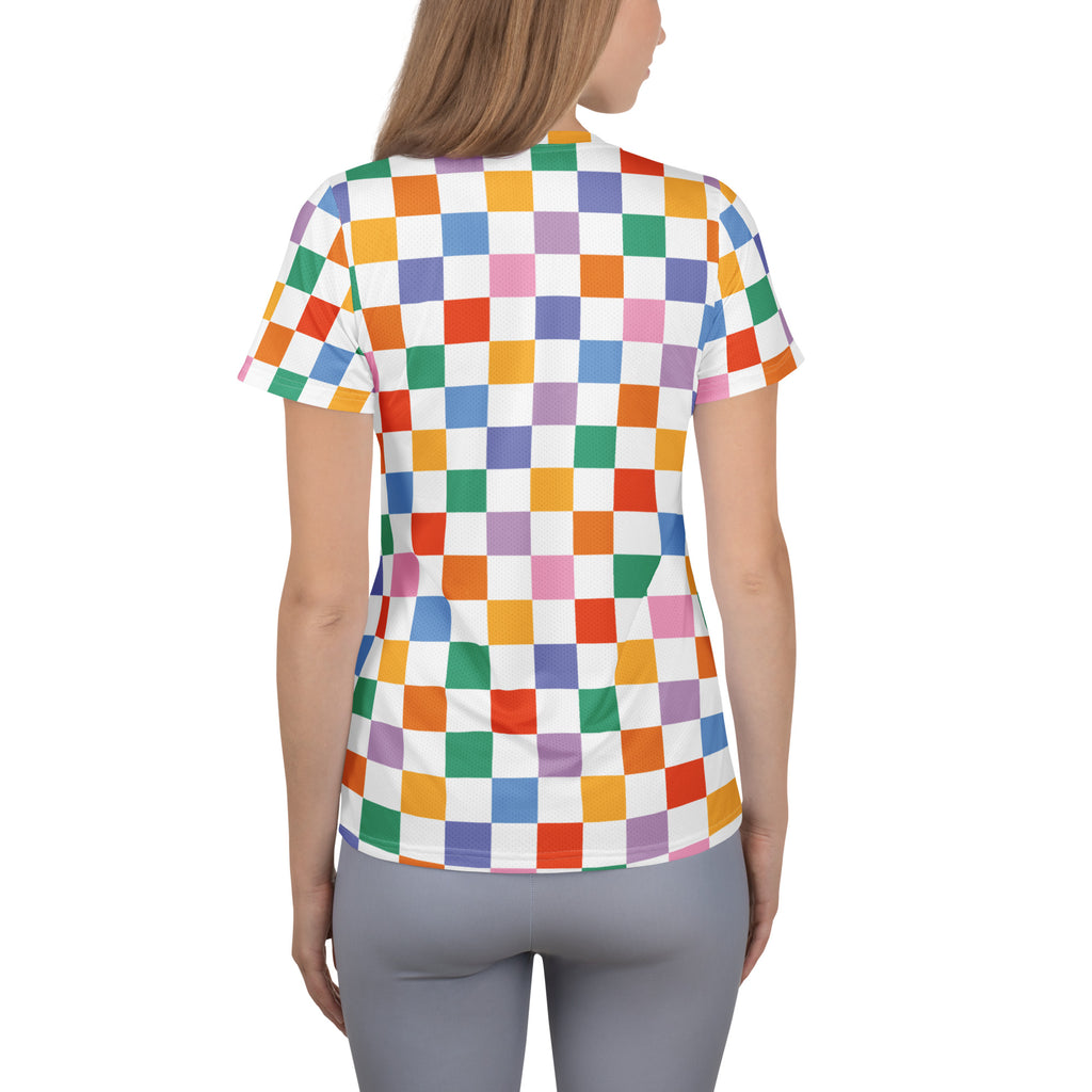 Women’s Colorful Checkerboard Performance Athletic T-Shirt - Lightweight Moisture Wicking Workout Top with UPF 50+