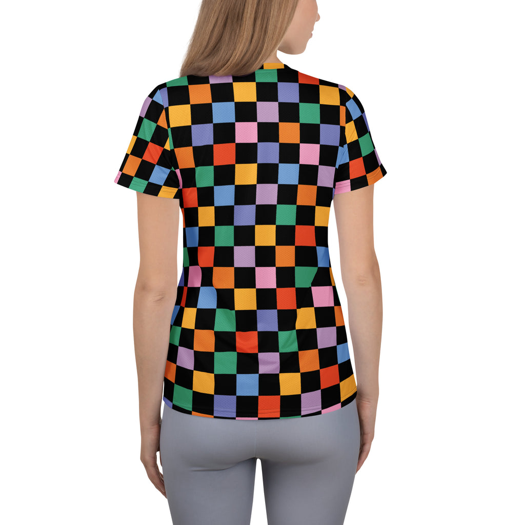 Women’s Colorful Checkerboard Performance Athletic T-Shirt - Lightweight Moisture Wicking Workout Top with UPF 50+