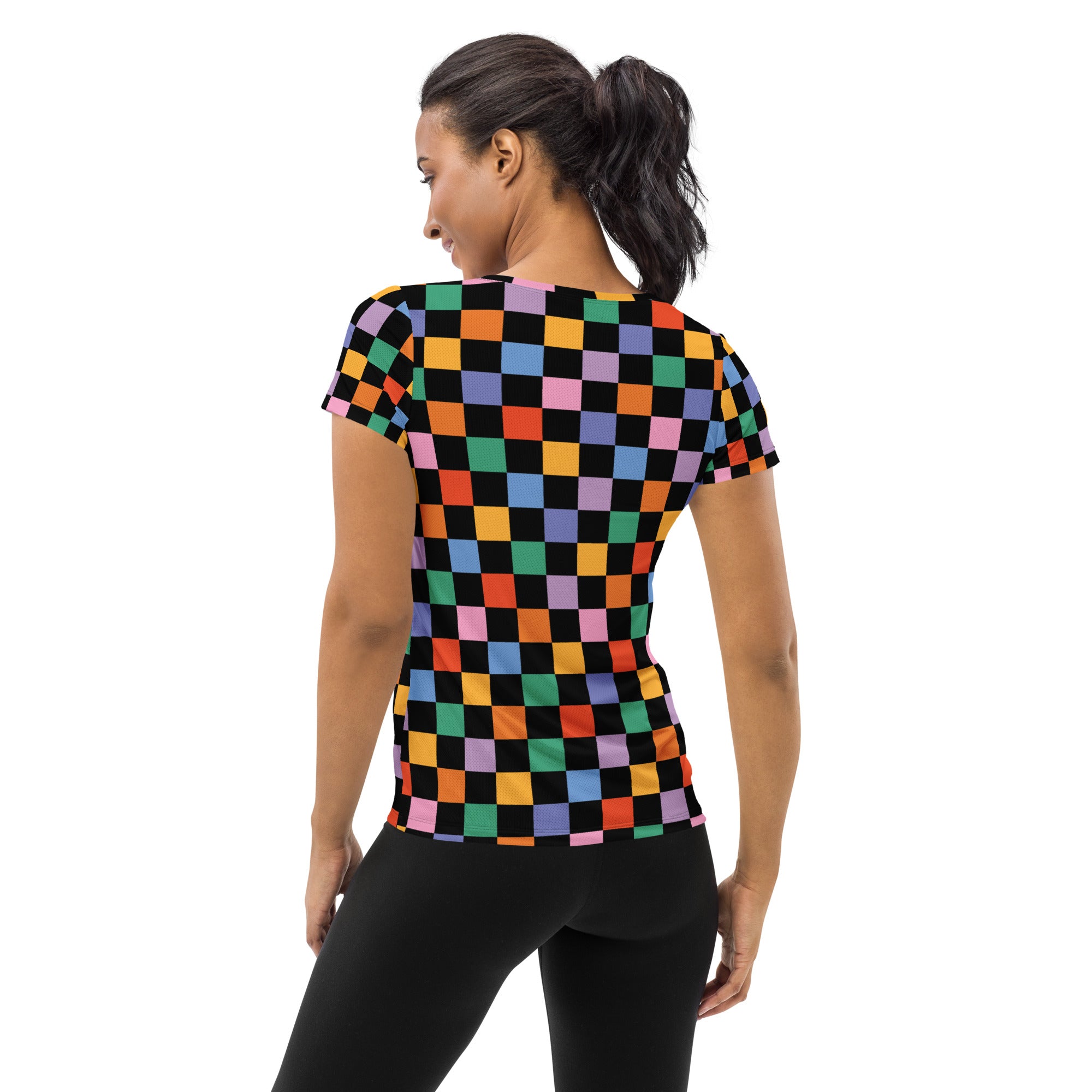 Women’s Colorful Checkerboard Performance Athletic T-Shirt - Lightweight Moisture Wicking Workout Top with UPF 50+