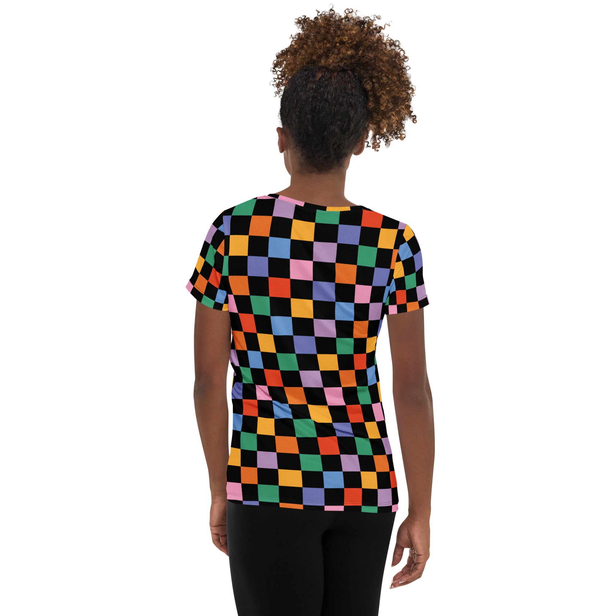 Women’s Colorful Checkerboard Performance Athletic T-Shirt - Lightweight Moisture Wicking Workout Top with UPF 50+