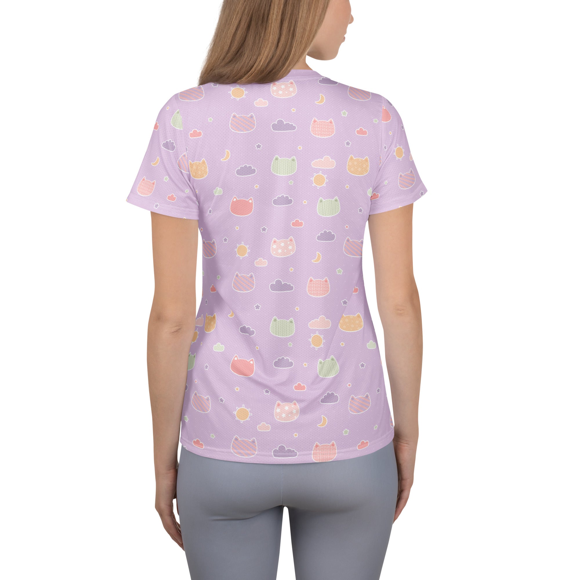 Women’s Pastel Purple Kawaii Cat & Cloud Performance Athletic T-Shirt - Lightweight Moisture Wicking Workout Top with UPF 50+