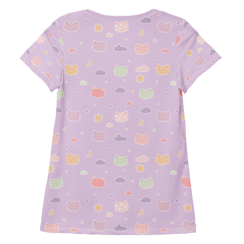 Women’s Pastel Purple Kawaii Cat & Cloud Performance Athletic T-Shirt - Lightweight Moisture Wicking Workout Top with UPF 50+