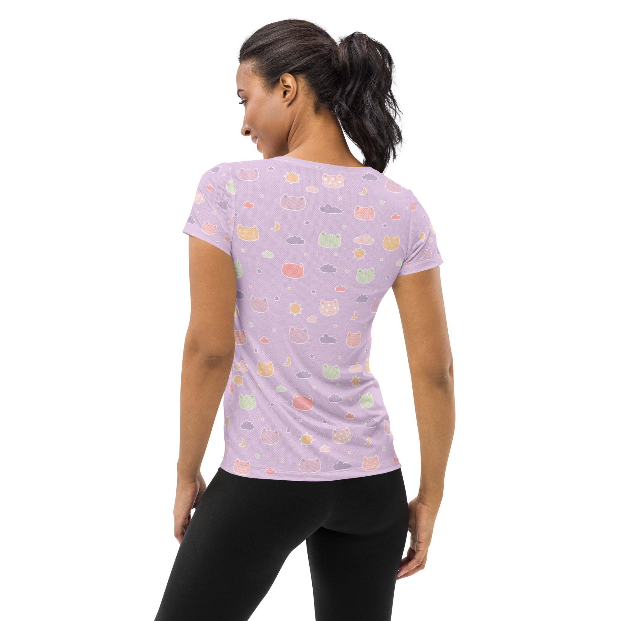 Women’s Pastel Purple Kawaii Cat & Cloud Performance Athletic T-Shirt - Lightweight Moisture Wicking Workout Top with UPF 50+