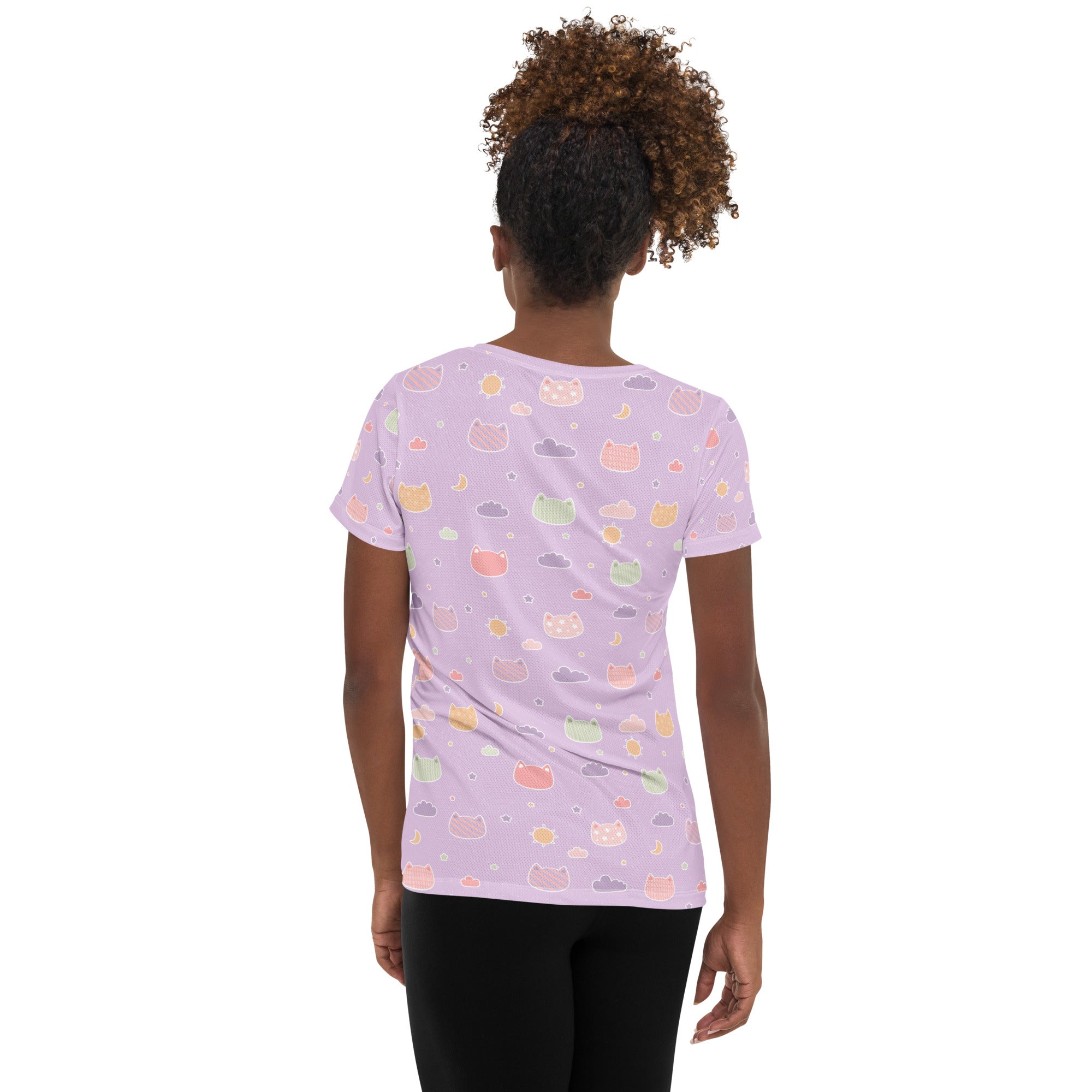 Women’s Pastel Purple Kawaii Cat & Cloud Performance Athletic T-Shirt - Lightweight Moisture Wicking Workout Top with UPF 50+