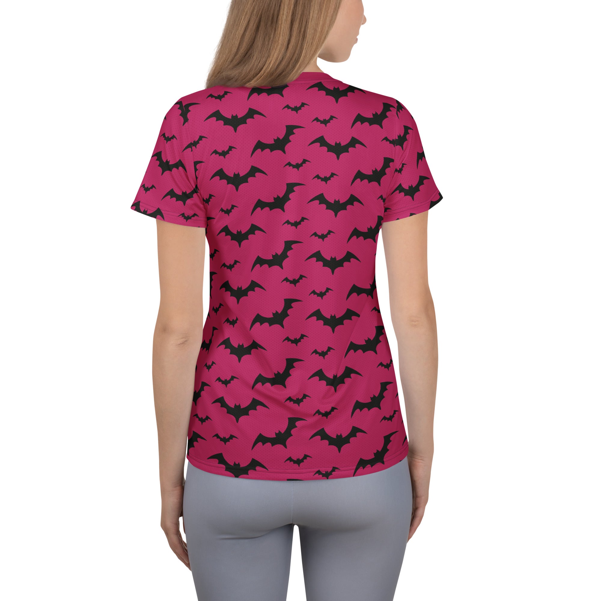 Women’s Dark Pink Bats Halloween Performance Athletic T-Shirt - Lightweight Moisture Wicking Workout Top with UPF 50+