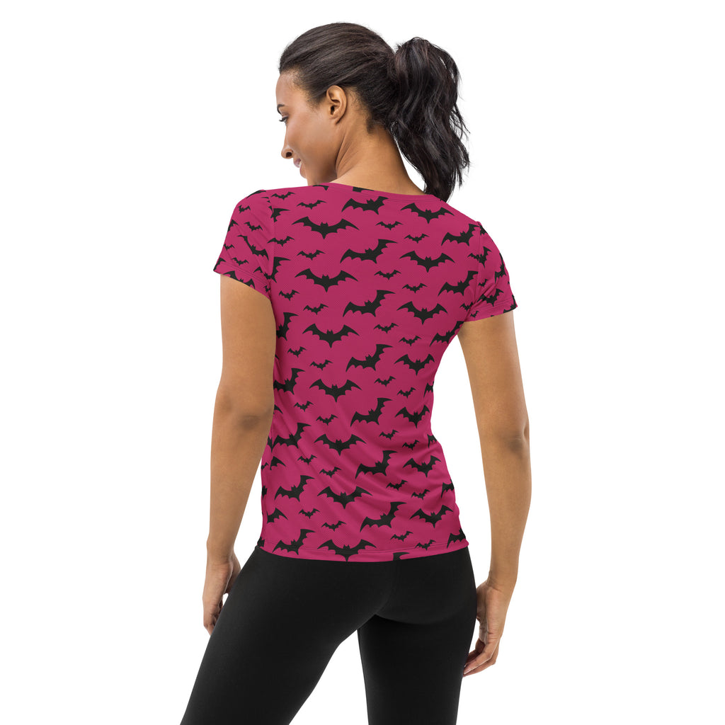 Women’s Dark Pink Bats Halloween Performance Athletic T-Shirt - Lightweight Moisture Wicking Workout Top with UPF 50+