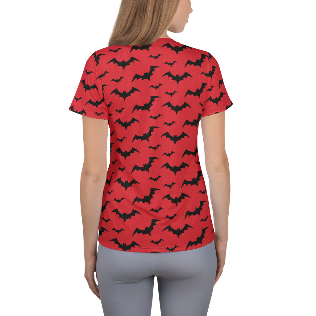 Women’s Red Bats Halloween Performance Athletic T-Shirt - Lightweight Moisture Wicking Workout Top with UPF 50+