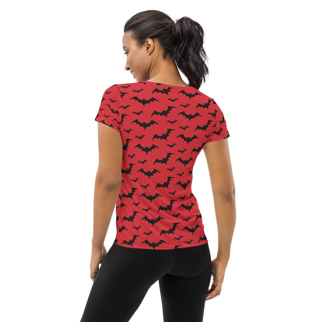 Women’s Red Bats Halloween Performance Athletic T-Shirt - Lightweight Moisture Wicking Workout Top with UPF 50+