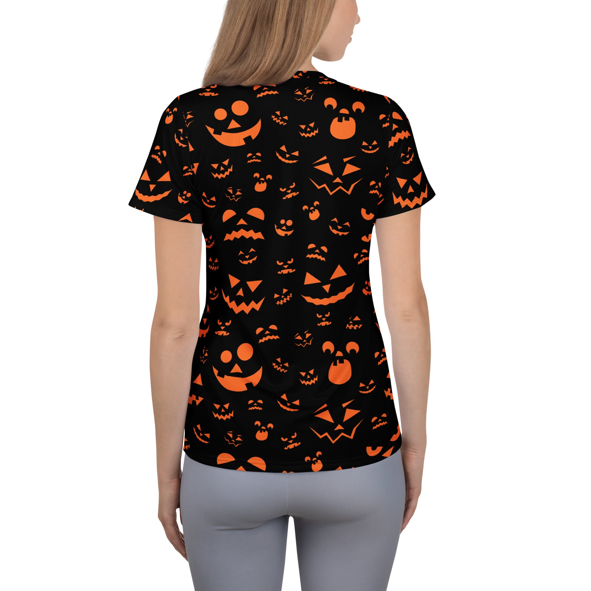 Women’s Orange Jack-O'-Lantern Athletic T-Shirt - Lightweight Moisture Wicking Workout Top with UPF 50+