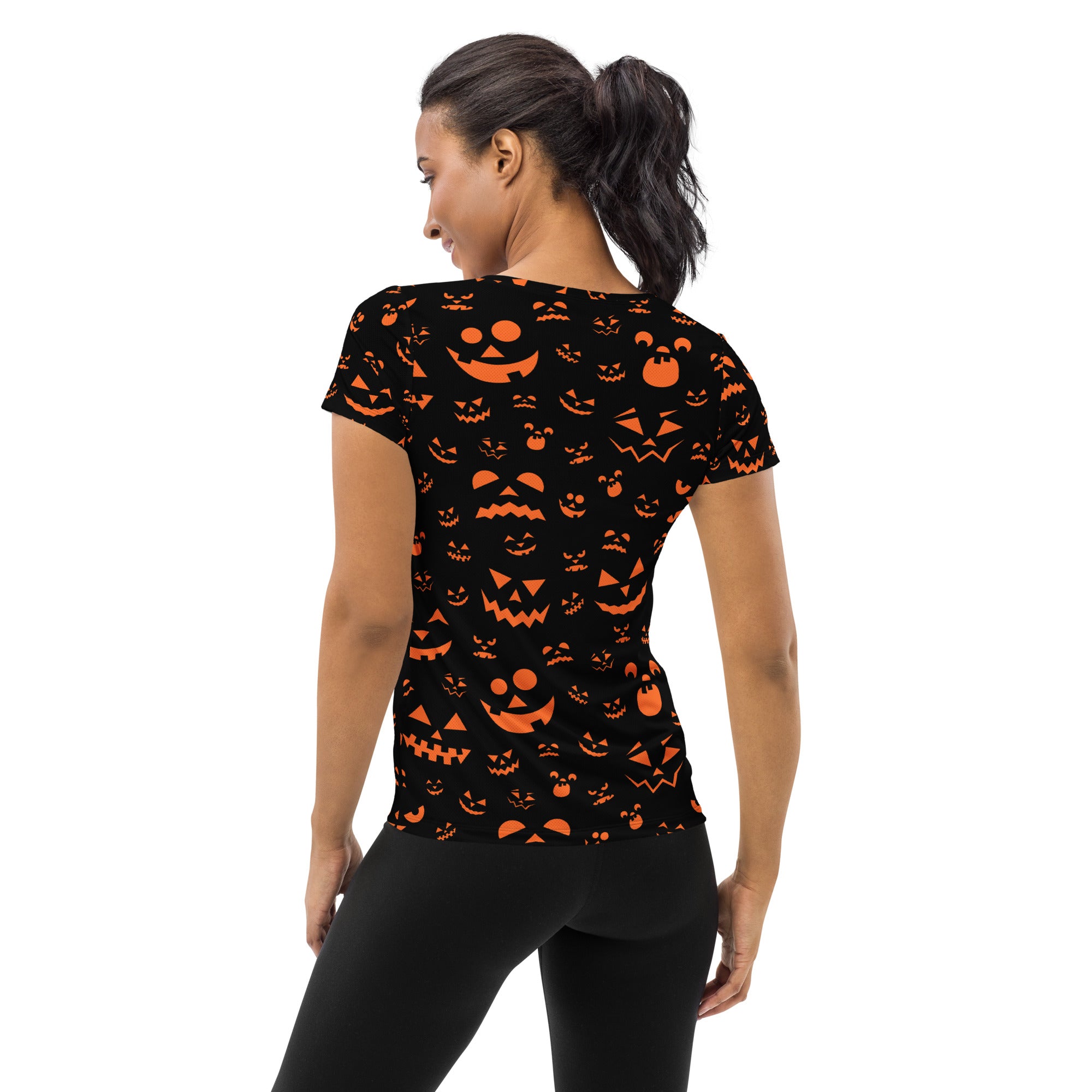 Women’s Orange Jack-O'-Lantern Athletic T-Shirt - Lightweight Moisture Wicking Workout Top with UPF 50+